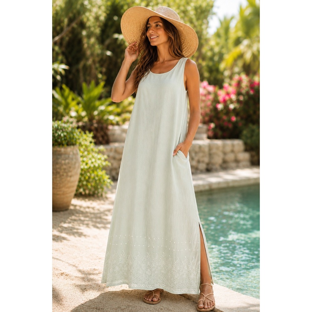 Jane Ashley Lagenlook Linen Cotton Embroidered Maxi Dress Sage Green XL Resort